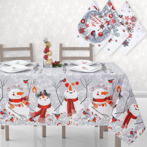 Набор столового белья (скатерть+полотенца) рогожка "Снеговики" в подарочной коробке