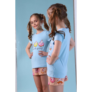 Пижама детская "Единороги" кулирка с лайкрой (последний размер) голубой+бежевый 116,128