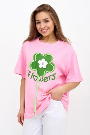 Футболка женская "Flowers Р" трикотаж (р-ры: 48-52) розовый