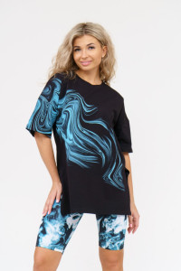 Костюм двойка женский 910 кулирка с лайкрой пенье (р-ры: 44-54) черный-голубой