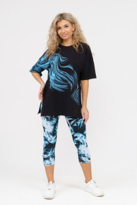 Костюм двойка женский 909 кулирка с лайкрой пенье (р-ры: 44-54) черный-голубой