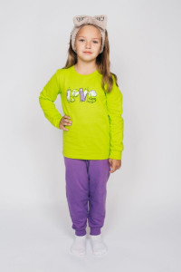 Пижама детская №91224 футер 2-х нитка с начесом (р-ры: 98-134) салатовый-сиреневый