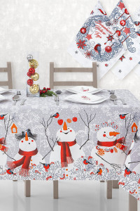 Набор столового белья (скатерть+полотенца) рогожка "Снеговики" в подарочной коробке