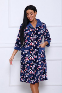 Халат женский 177 велюр (последний размер) темно-синий-белый-цветы 52-54