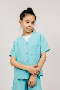 Рубашка детская №0610 сингапур (р-ры: 128-164) голубой