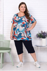 Костюм двойка женский 091 "Великан" кулирка (последний размер) изумрудный-красный абстракция 68-70