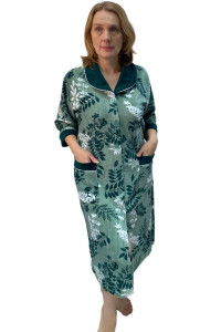 Халат женский 177 велюр (последний размер) зеленый-белый-листья 54-56