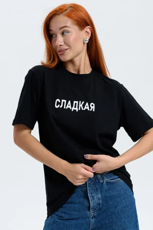 Футболка женская №8540/1 кулирка (р-ры: 44-56) черный-сладкая