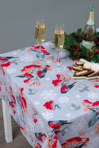 Скатерть рогожка "Снегири и рябина"