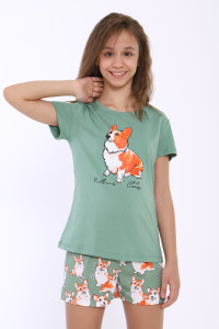 Пижама детская ПД-023-062 "Корги" кулирка (последний размер) зеленый 158