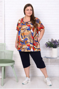 Костюм двойка женский 091 "Великан" кулирка (последний размер) горчичный-красный абстракция 54-56,64-66,68-70