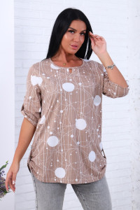 Блузка женская 554 трикотаж (последний размер) бежевый-белый-кружки 52-54,60-62