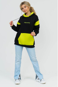 Толстовка женская 879 футер 3-х нитка с начесом пенье (последний размер) черный-салатовый 52