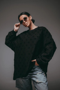 Свитшот женский "Ребека" махра жаккард (р-ры: 44-66) махра черный сердечки