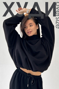 Худи женское №057038 футер на флисе (р-ры: 44-56) черный