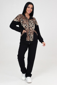 Костюм двойка женский КФ-215 футер (последний размер) черный-леопард 52,56