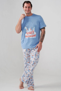 Пижама мужская "Снеговик" 2413-К кулирка (р-ры: 48-58) голубой