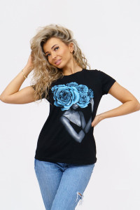 Футболка женская 1067/1 кулирка с лайкрой (р-ры: 44-54) черный-голубой