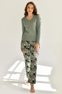 Пижама женская "Мяу" 2128-Р/К (брюки) кулирка+рибана (последний размер) зеленый 50