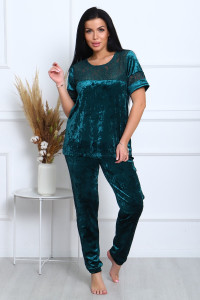 Костюм двойка женский "Маркиза" бархат+гипюр (последний размер) изумруд 46,48,52,54