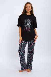 Костюм двойка женский №210 кулирка (р-ры: 42-56) черный Леопард