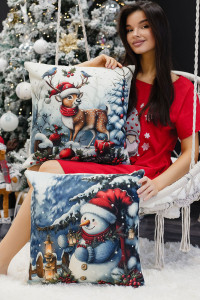 Наволочка-чехол декоративная на молнии "Олень, шапка, снеговик" 2 шт.