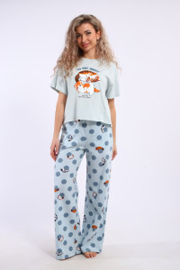 Костюм двойка женский КД-00-007 кулирка (р-ры: 84-112) бирюза котята-горошки