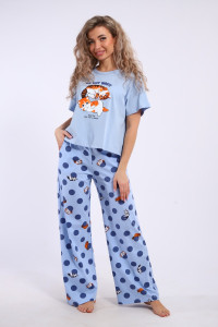 Костюм двойка женский КД-00-007 кулирка (р-ры: 84-112) голубой котята-горошки
