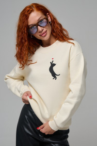 Толстовка женская №8576 футер 3-х нитка с начесом (р-ры: 42-54) молочный котик с сердцем