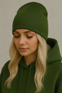 Шапка женская футер 3-х нитка с начесом №001 темно-зеленый