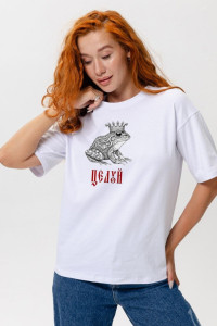 Футболка женская №8580 кулирка с лайкрой (р-ры: 42-54) белый лягушка