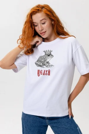 Футболка женская №8580 кулирка с лайкрой (р-ры: 42-54) белый лягушка