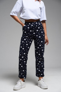 Брюки женские №7435 футер с лайкрой 2-х нитка (последний размер) звезды на темно-синем 52
