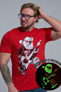 Футболка унисекс светящаяся №8581 кулирка (р-ры: 46-64) красный Дмороз с гитарой