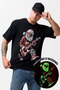 Футболка унисекс светящаяся №8586 кулирка с лайкрой (р-ры: 46-60) черный Дмороз с гитарой