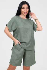 Костюм двойка женский КЛ-2639 "Шик" имитация льна (р-ры: 46-58) фисташка