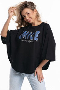 Пончо-туника женская №057913 кулирка (р-ры: 46-64) черн.печать-смайл