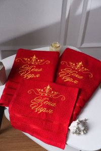 Полотенце махровое с вышивкой №14418/3 "Жена царя" (последний размер) бордо 50х80