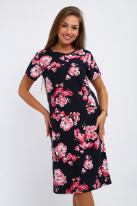 Платье женское №240 кулирка (р-ры: 48-62) синий-розовые цветы