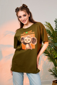 Футболка женская "Чебурашка" №8374 кулирка (последний размер) хаки 52