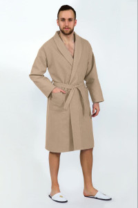 Халат унисекс запашной с воротником вафельное полотно (последний размер) бежевый 48-50, 56-60
