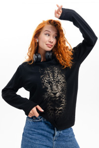 Лонгслив женский №8513 кулирка с лайкрой (последний размер) черный-леопард 66