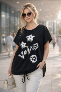 Футболка женская А1025 "Graphic Bloom" хлопок стрейч (р-ры: 46-56) черный