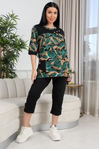 Костюм двойка женский 634 "Листья" кулирка (р-ры: 50-60) зеленый