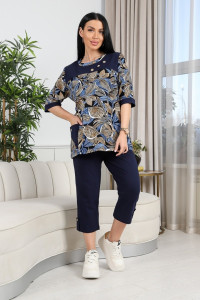 Костюм двойка женский 634 "Листья" кулирка (р-ры: 50-60) синий