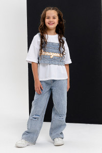 Костюм тройка детский №28031 кулирка+джинс (последний размер) белый-джинс 36