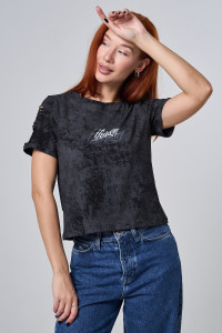 Футболка женская №7502 кулирка с лайкрой (р-ры: 42-52) черный винтаж-надпись