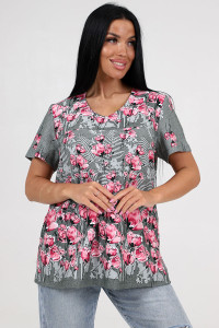Туника женская "Блюз" ТК-72-ФУТ кулирка (последний размер) хаки и розовые маки 50,54