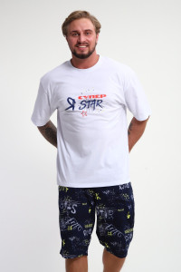 Костюм двойка мужской КМ-01 кулирка (р-ры: 46-56) синий-желтый-белый-Буквы Star