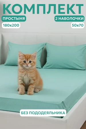 Набор для сна (простыня на резинке + 2 наволочки 50х70) поплин 059645/059847/059855 мята